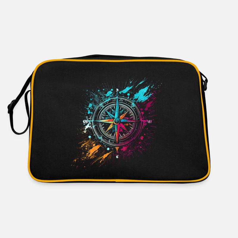 Bunter Airbrush Graffiti Kompass - Retro Tasche - Schwarz/Gold