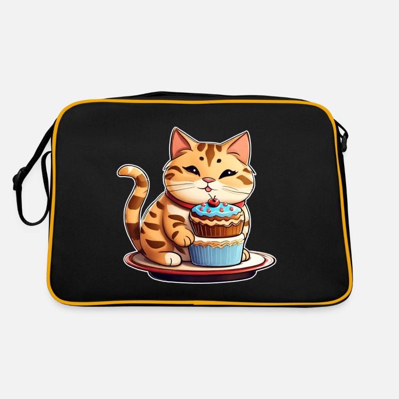 Niedliche dicke Katze mit Cup Cake - Retro Tasche - Schwarz/Gold