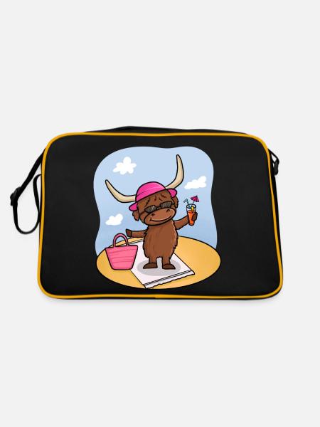 Highland Cattle Cow At The Beach - Retro Bag - black/gold - Back