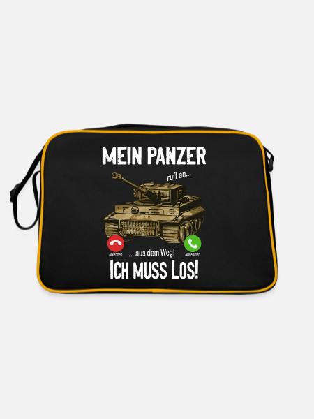 Mein Panzer ruft an... aus dem Weg! Ich muss los! - Retro Tasche - Schwarz/Gold - Hinten