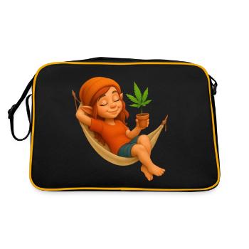 Zwergin in Hängematte mit Cannabispflanze - Retro Tasche - Schwarz/Gold - Hinten