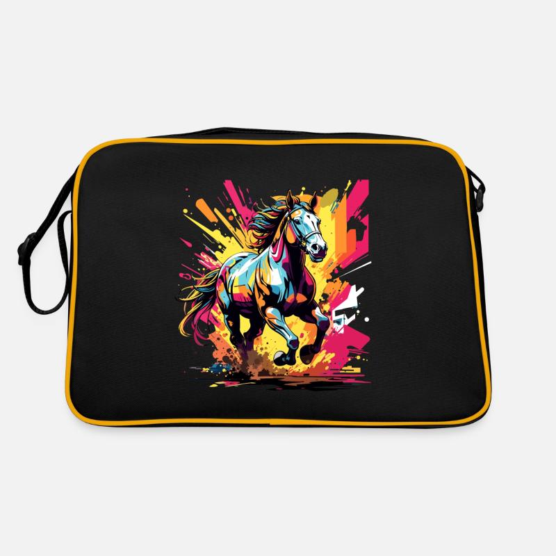Pferd in Aktion, cooles Farbdesign, Trab, Galopp - Retro Tasche - Schwarz/Gold