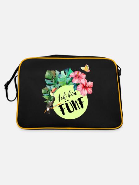 Ich bin fünf – blumiger 5. Geburtstag - Retro Tasche - Schwarz/Gold