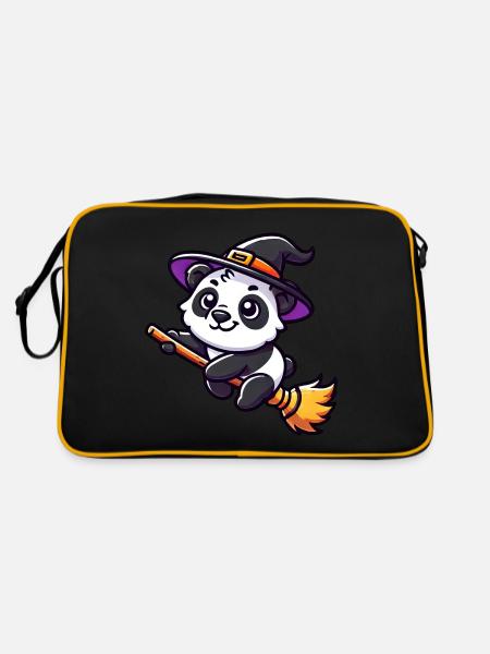 Halloween Panda Hexe Hexenbesen Süß Comic - Retro Tasche - Schwarz/Gold - Hinten