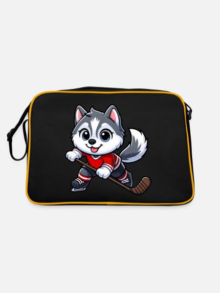 Niedlicher Hund Husky Eishockeyspieler Cartoon - Retro Tasche - Schwarz/Gold - Hinten