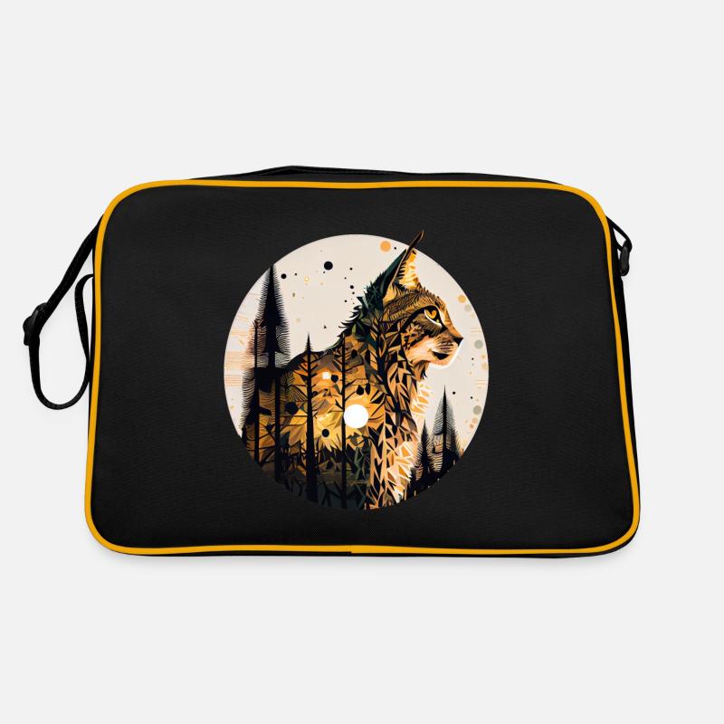 Lynx avec lune dans la forêt avec motif - Sac Retro - noir/or