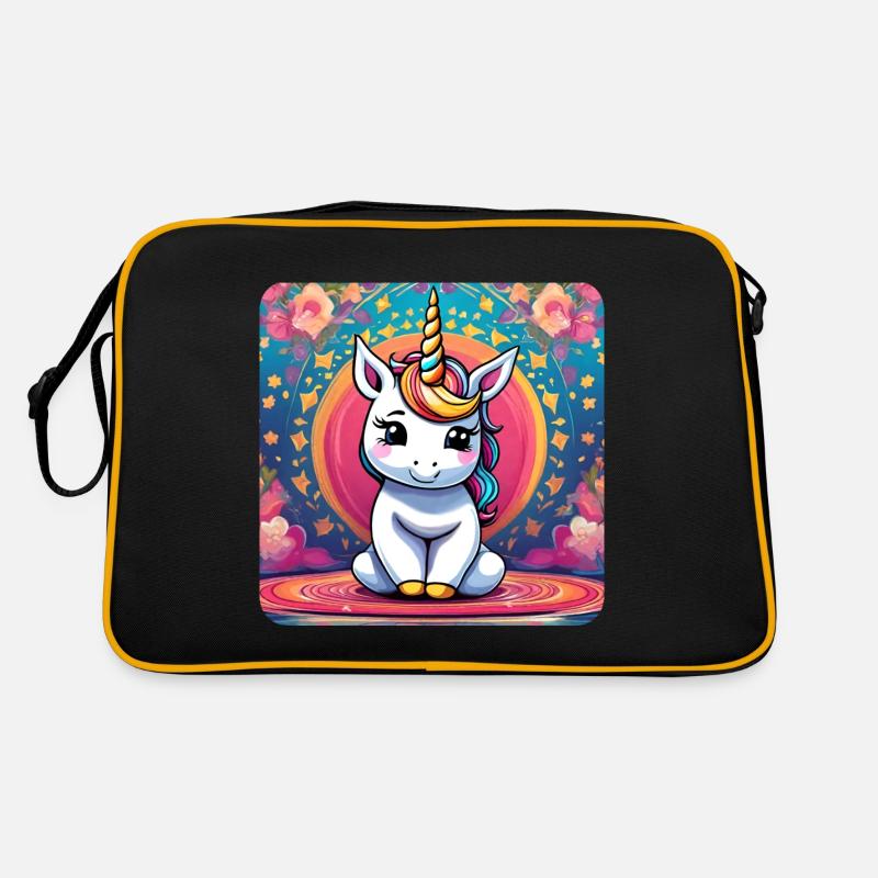 Niedliches kleines Einhorn mit buntem Hintergrund Retro Tasche