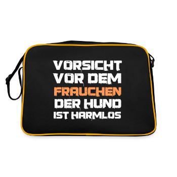 Spruch Vorsicht for Frauchen der Hund ist Harmlos - Retro Tasche - Schwarz/Gold - Hinten