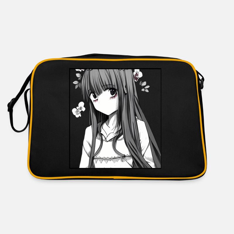 Zarte Blüten: Romantisches Anime-Mädchen mit Blume - Retro Tasche - Schwarz/Gold
