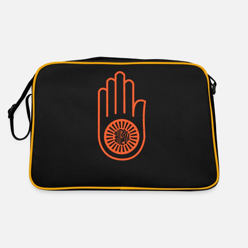 Ahiṃsā im Jainismus | Orange Hand mit einem Rad auf Retro Tasche