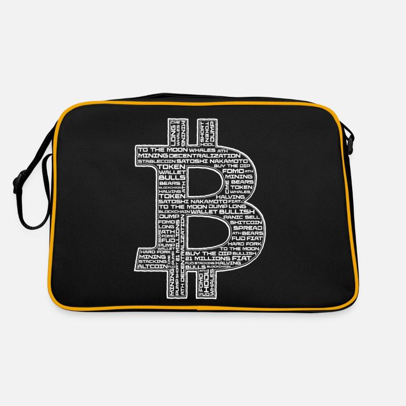 Bitcoin-Logo mit Kryptoausdrücken Retro Tasche