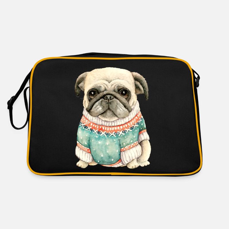 Netter Mops-Welpe im Winterpullover-Geschenk für Mopsliebe - Retro Tasche - Schwarz/Gold