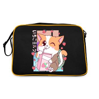 Süße japanische Kawaii Katze Erdbeermilch Shake Nek - Retro Tasche - Schwarz/Gold - Hinten