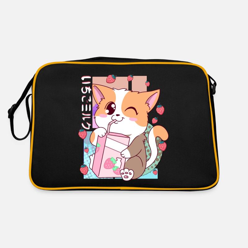 Mignon japonais Kawaii Cat Strawberry Milk Shake Nek - Sac Retro - noir/or