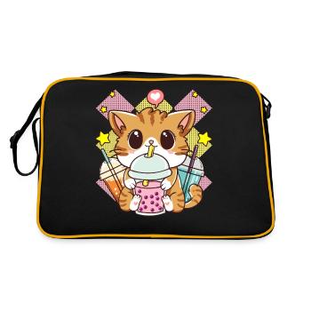 Süße Katze Boba Tee Bubble Tea Anime Kawaii Neko - Retro Tasche - Schwarz/Gold - Hinten