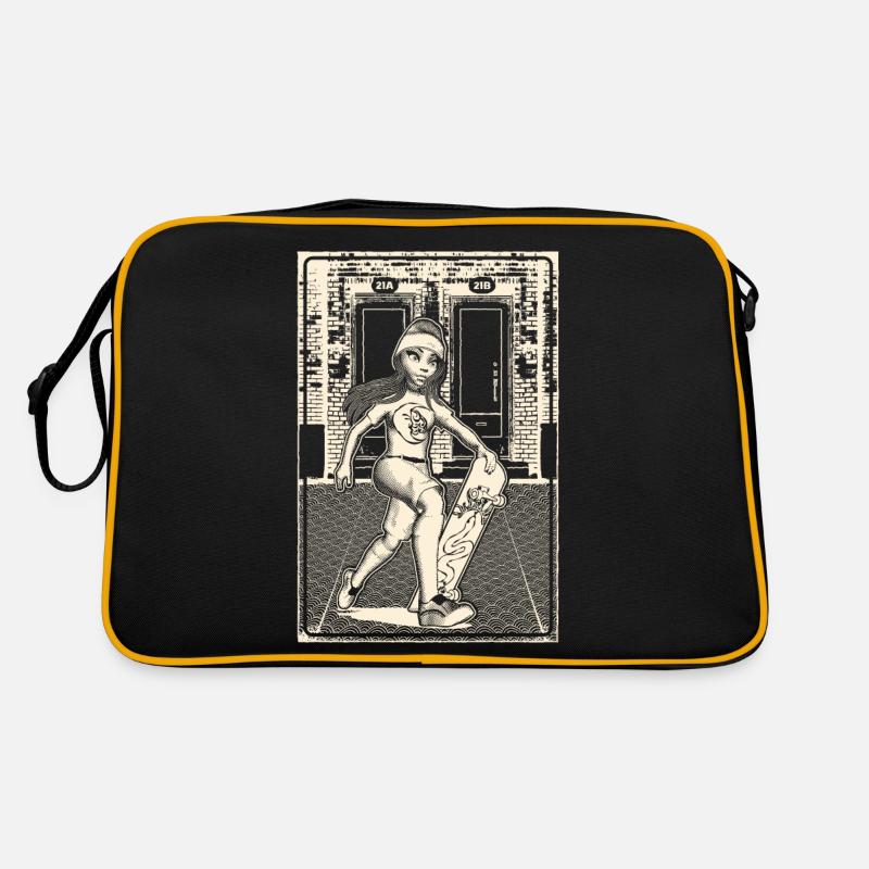 Mädchen mit Skateboard vor Backsteinmauerwerk. Retro Tasche