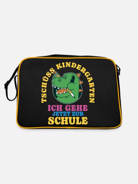 Einschulung Drache Tschüss Kindergarten - Retro Tasche - Schwarz/Gold - Hinten