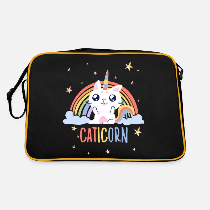 Süßes Caticorn Katze Einhorn Regenbogen Katzen - Retro Tasche - Schwarz/Gold