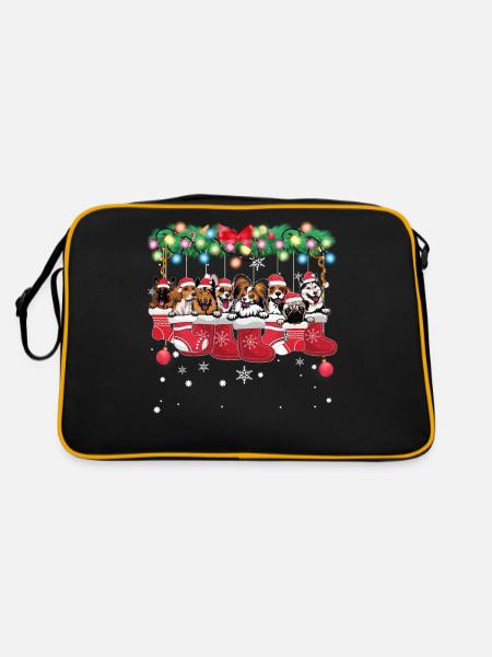 Verschiedene Hunderassen in Weihnachtsstrümpfen - Weihnachten - Retro Tasche - Schwarz/Gold - Hinten