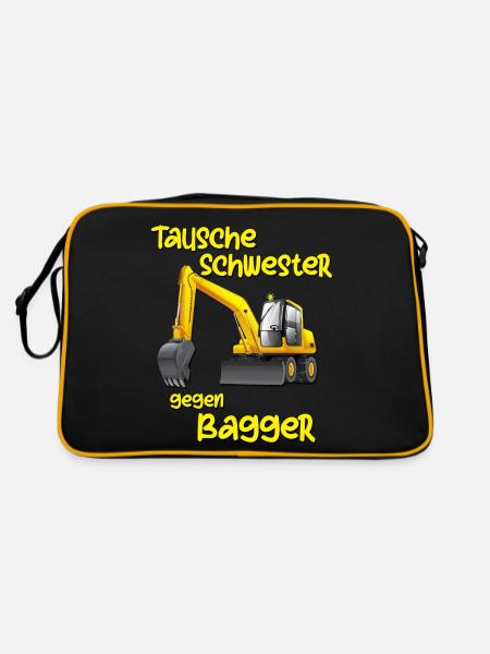 Tausche Schwester gegen Bagger Jungs Lustig Kinder - Retro Tasche - Schwarz/Gold - Hinten