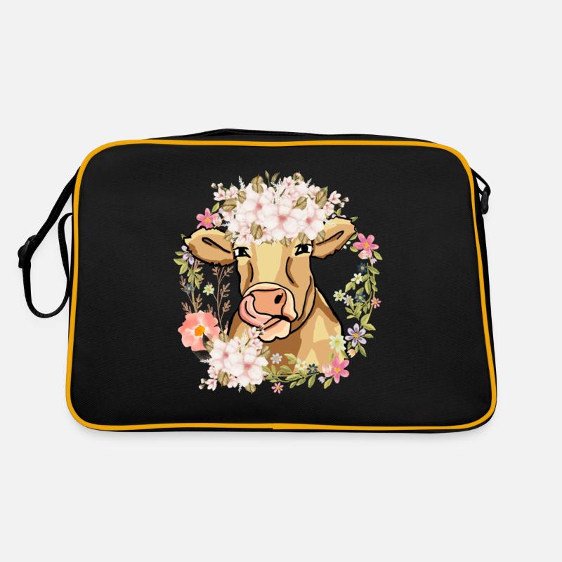 Niedliche Kuh mit Blumenkranz - Retro Tasche - Schwarz/Gold