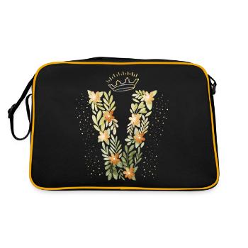 Monogramm Buchstabe V mit Krone, florales Ornament - Retro Tasche - Schwarz/Gold - Hinten