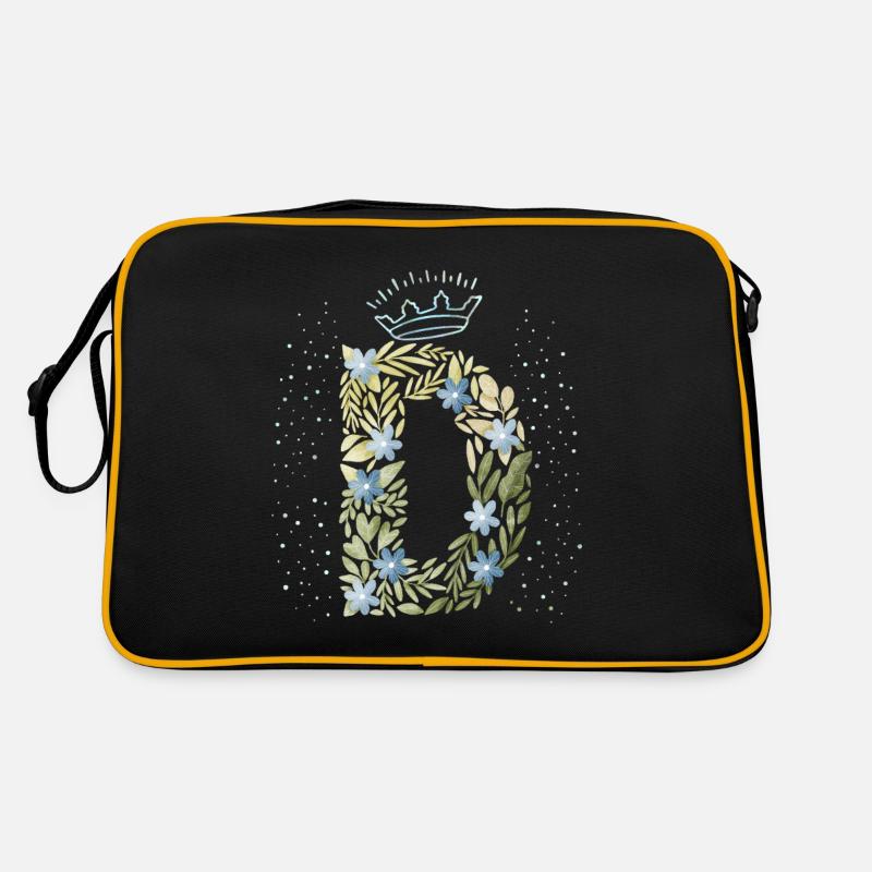Monogramm Buchstabe D mit Krone, florales Ornament - Retro Tasche - Schwarz/Gold