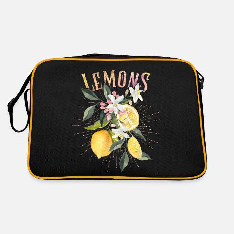 Zitrone, botanische Illustration, Zitronenblüten - Retro Tasche - Schwarz/Gold