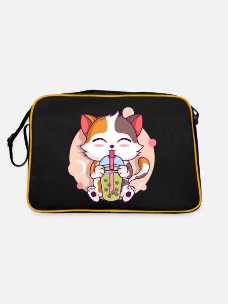 Anime Kawaii Katze Trinkt Boba Tea bubble Tea - Retro Tasche - Schwarz/Gold - Hinten