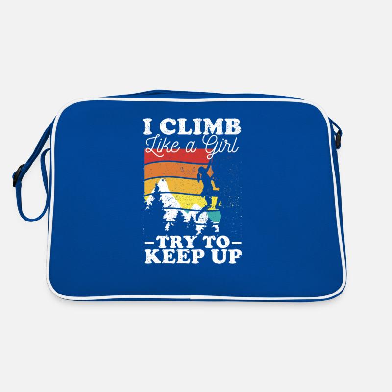 Ich klettere wie ein Mädchen und versuche, mit den Retro Tasche