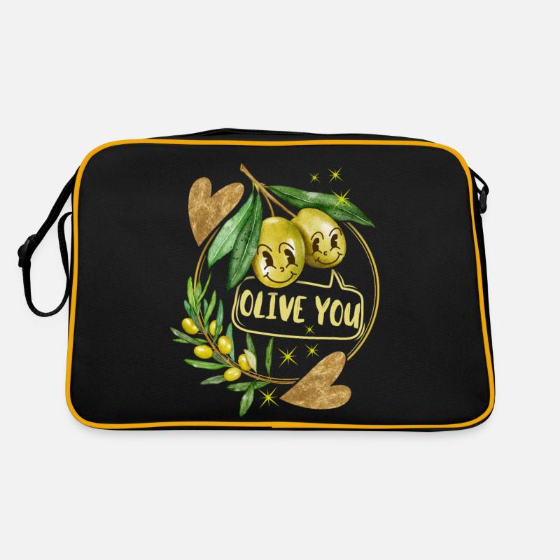 Valentinstag, Oliven, Olive-You, lustiger Spruch - Retro Tasche - Schwarz/Gold