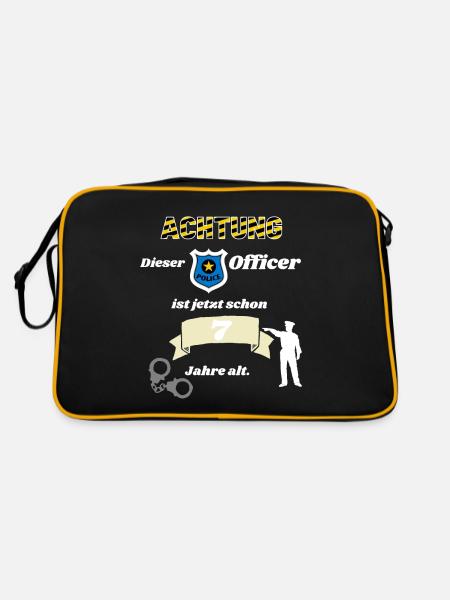 Polizei - 7. Geburtstag, für alle Polizeifans - Retro Tasche - Schwarz/Gold - Hinten