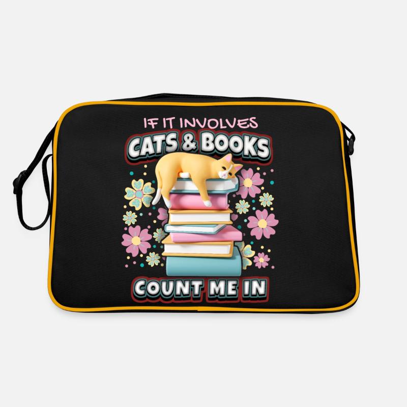 Bücherwurm, Buch, lesen, 3D Katze, lustiger Spruch - Retro Tasche - Schwarz/Gold