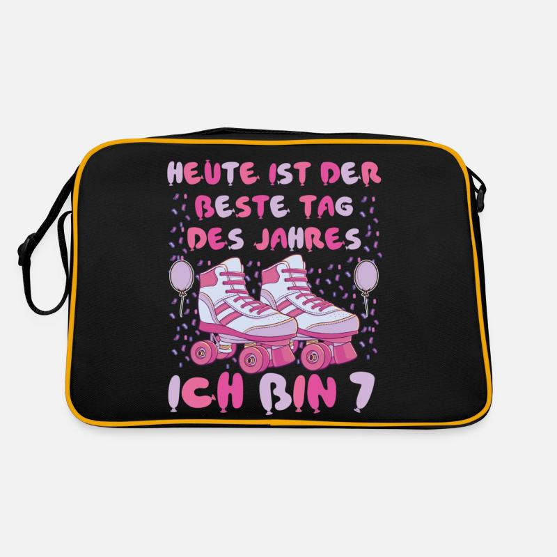 7. Geburtstag 7 Jahre Mädchen Rollschuhe - Retro Tasche - Schwarz/Gold