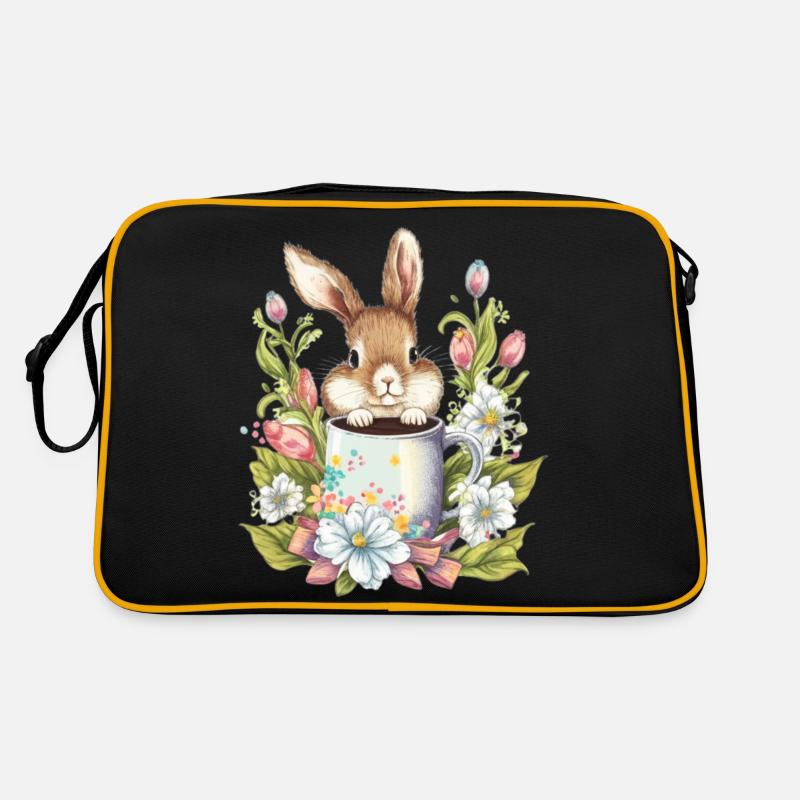Easter Bunny with flowers and coffee mug Easter Shirts Retro Bag
