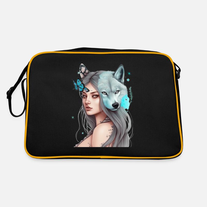 Schöne Mädchen- und Wolfsschmetterlingsgrafik Retro Tasche