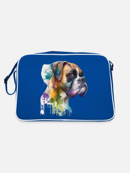 German Boxer Dog Watercolor Design - Retro Bag - blue/white - Back
