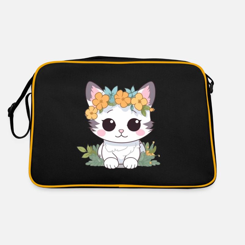Chat mignon avec des fleurs - Sac Retro - noir/or