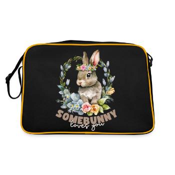 Rabbit, Rabbit Kawaii Illustration with Flowers - Retro Bag - black/gold - Back