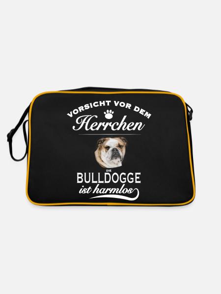 Vorsicht vor dem Herrchen, harmlos - Bulldogge - Retro Tasche - Schwarz/Gold - Hinten