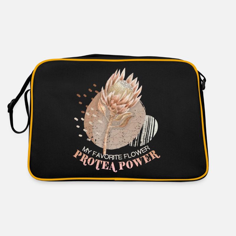 Protea, botanische Illustration, Spruch - Retro Tasche - Schwarz/Gold