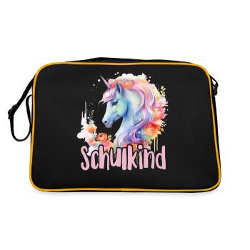 Einhorn Blumen Schulkind Einschulung 2023 - Retro Tasche - Schwarz/Gold - Hinten