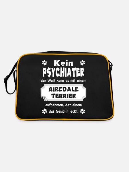 Kein Psychiater - Spruch - Airedale Terrier - Retro Tasche - Schwarz/Gold - Hinten