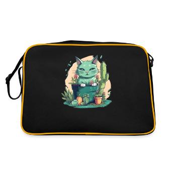 Green cat in flower pot with cactus and pumpkin - Retro Bag - black/gold - Back