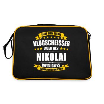 Name Nikolai Vorname Klugscheisser Namenstag - Retro Tasche - Schwarz/Gold - Hinten