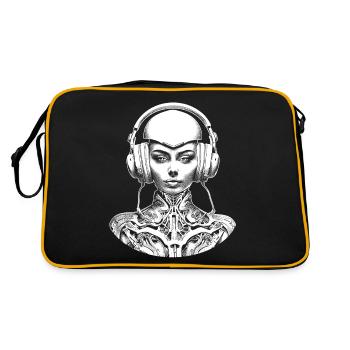 Avantgardistisches Club-Shirt: Frau mit Kopfhörer - Retro Tasche - Schwarz/Gold - Hinten