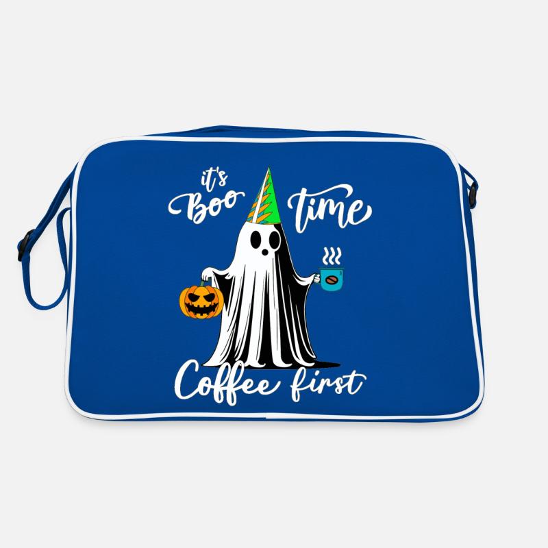 Ghost with coffee cup and pumpkin celebrating Halloween Retro Bag