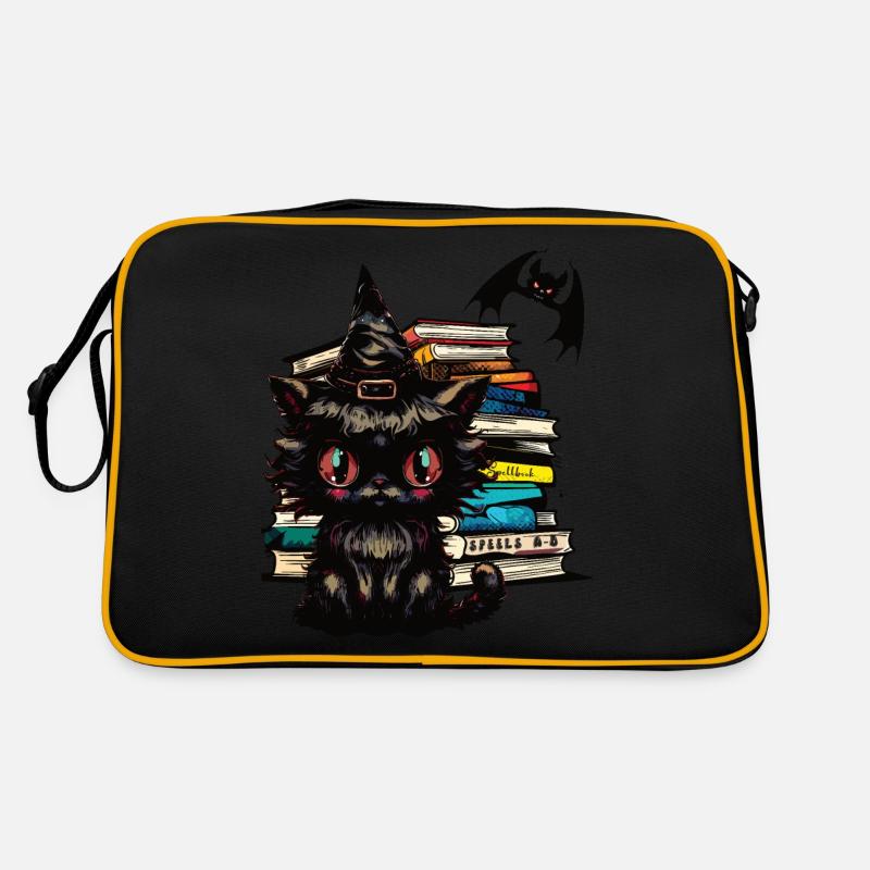 Cat with witch hat, magic books and bat Retro Bag