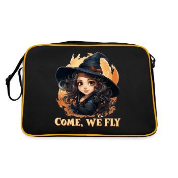 Funny little witch with saying; Come we fly - Retro Bag - black/gold - Back