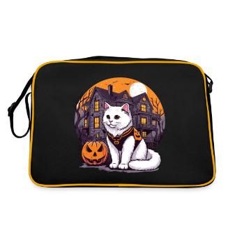 halloween white cat in hoodie with haunted house - Retro Bag - black/gold - Back
